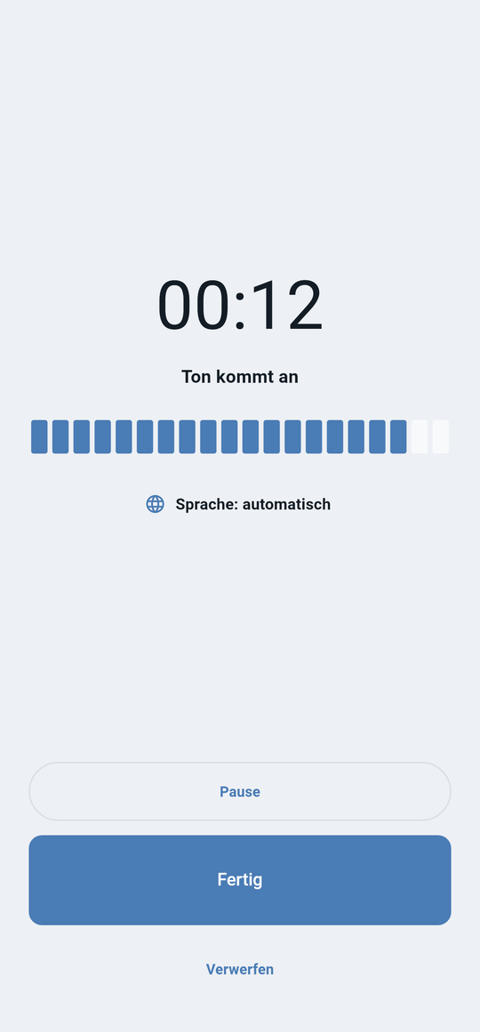Während der Aufnahme: Dauer, ob Ton ankommt, welche Sprache gesprochen wird.
