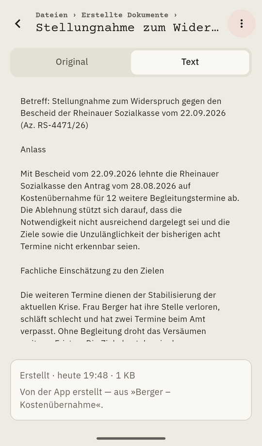 Die erstellte Stellungnahme zum Widerspruch als Dokument in der App. Erfundene Daten.